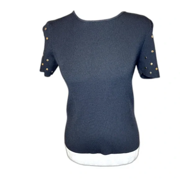 Zara Knit Ribbed Short Sleeve Top Black Gold Stud Embellished Womens - Picture 3 of 6